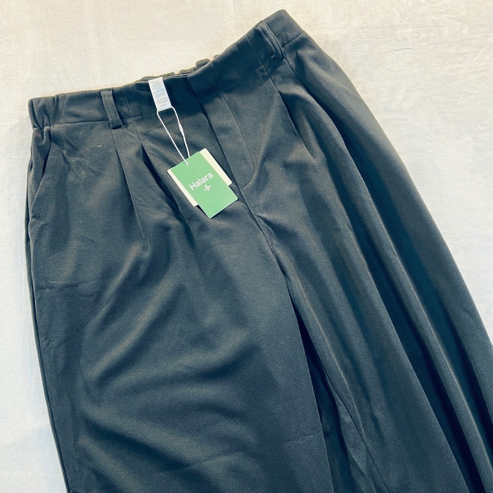 Halara Black Waffle Knit Wide Leg Pleated High Waisted Work Pants XL Regular